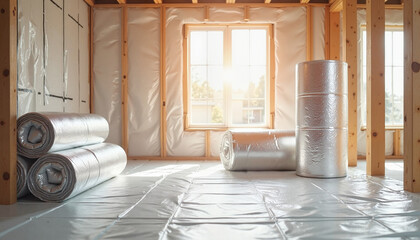 Insulated room with rolls of material and sunlight through window  