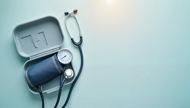 Blood pressure monitor and stethoscope on a blue background  