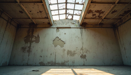 Abandoned room with peeling walls and skylight in natural light  