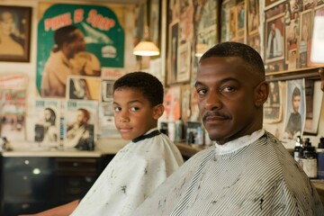 Father and son sitting in barber chairs, wearing capes, in a vintage barbershop, waiting for their haircuts