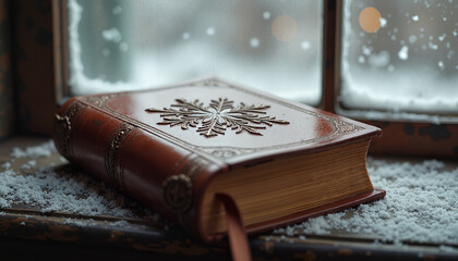 Leather-bound book resting on windowsill with snow outside  