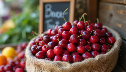 Fresh cherries in burlap sack at farmers market display  