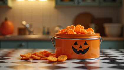 Halloween-themed orange bucket filled with candy on kitchen table  