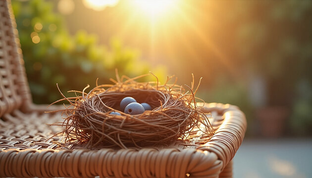 Nest with blue eggs on wicker chair during sunset in garden  