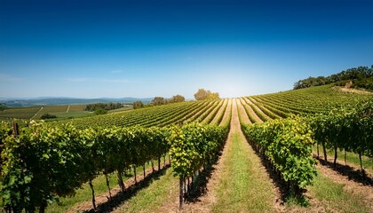 Fototapeta premium sunlit vineyard journey through verdant rows with clear blue sky