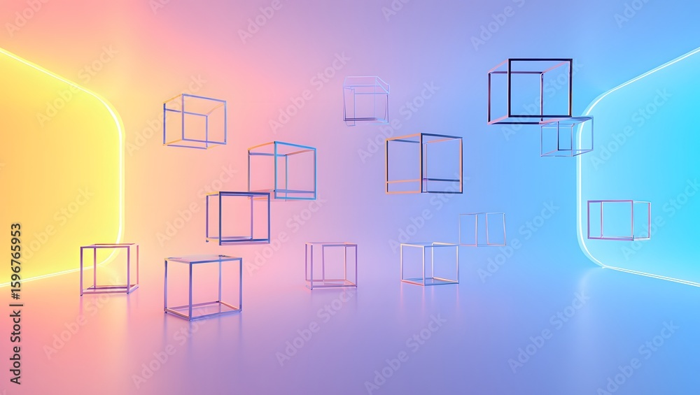 Fototapete abstract gradient background with floating wireframe cubes for modern design needs