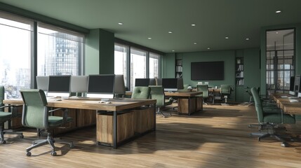 Modern office space with wooden desks and green accents.