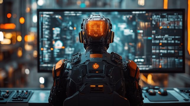 Cyberpunk Futuristic Robot  Working on a Large Monitor Displaying Code - Powered by Adobe