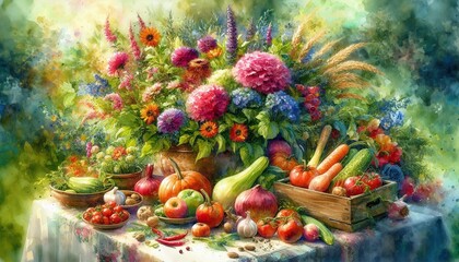 Colorful Garden Harvest with Flowers and Vegetables Watercolor Art