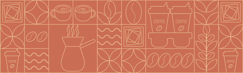 Geometric coffee pattern in minimalist style. Geometric line drawing. Abstract print background with simple shapes for coffee shop, food packaging, cafe wall, menu.