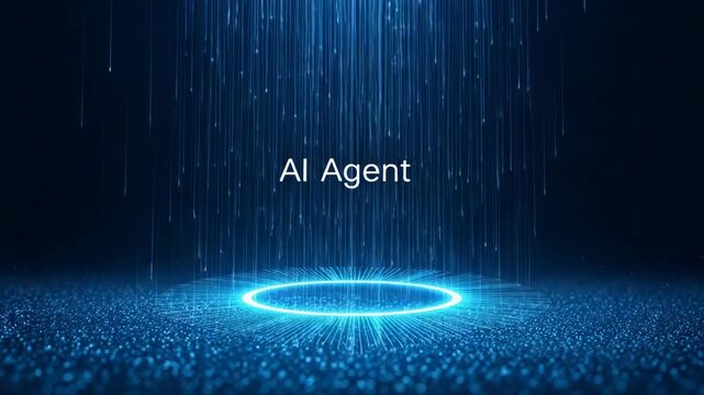 An ai agent concept with a glowing blue ring and digital data streams falling