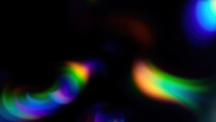 Blurred rainbow refraction overlay effect. Light lens prism effect on black background. Holographic reflection, crystal flare leak shadow overlay. Colorful rainbow disco ball light