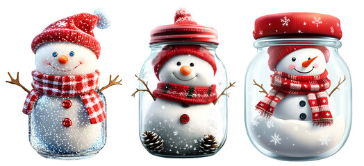 Set of cute snowman characters with scarves and hats standing together isolated on white
