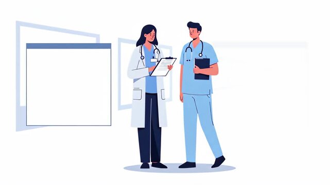Flat vector two healthcare professionals, a doctor and a nurse, are discussing a patients report in a hospital setting, isolated on white background