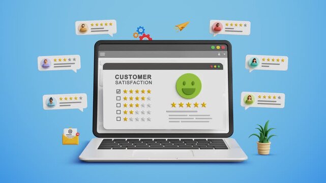 Customer satisfaction survey. Users rating, online experiences review, Customers feedback comments, Quality of service, business reputation. 5 star customer reviews on laptop. 4K 3D animation