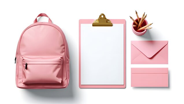 Pink backpack stationery mockup flat lay for school supplies and office organization - Powered by Adobe