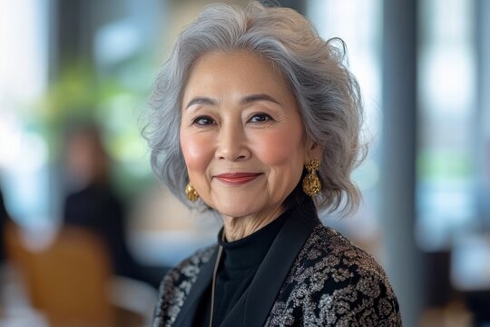 Senior businesswoman in a suit at a corporate event, elegant older woman networking