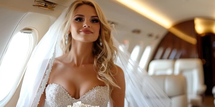 Bride in a wedding dress on a private jet - wealthy billionaire lifestyle