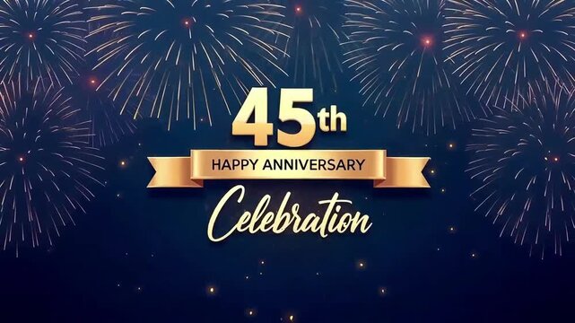 45th Anniversary Celebration Emblem with Golden Ribbon, Fireworks and Elegant Typography on Blue Background for Greeting Visuals
