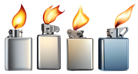 Set of metal gas lighters with bright flames isolated on white background
