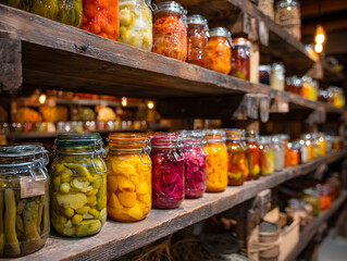 Food in supermarket, glass jars with canned vegetables and fruits. Preserves in glass jars. Neural network AI generated art