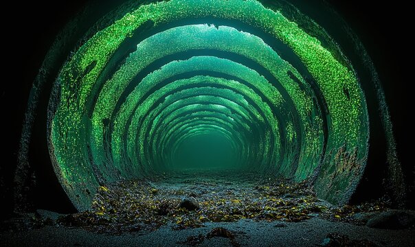 Abstract Green Light Tunnel With Sparkling Particles