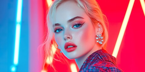 Young caucasian female with neon background fashion and glamour portrait