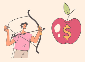 People shoot to money goal. Business money target flat simple style isolated concept. Vector flat graphic design illustration