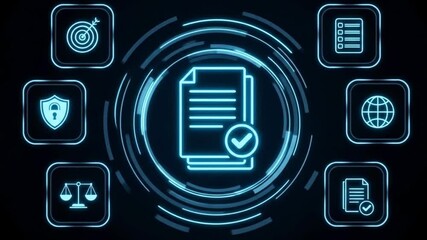 A digital display shows compliance and regulation icons, symbolizing data protection, legal standards, and global internet policy - Powered by Adobe