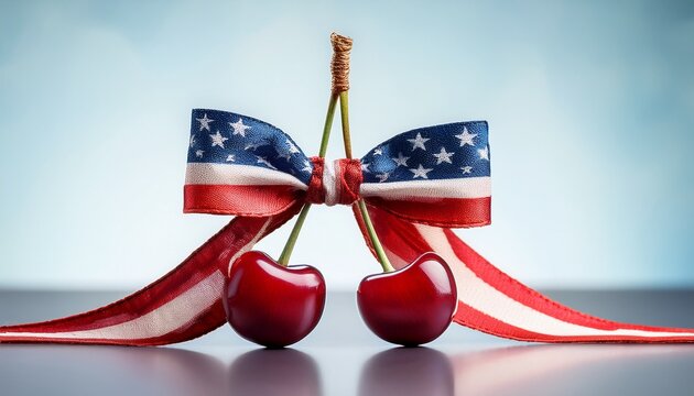 two cherries are adorned with a large bow that features the american flag s stars and stripes