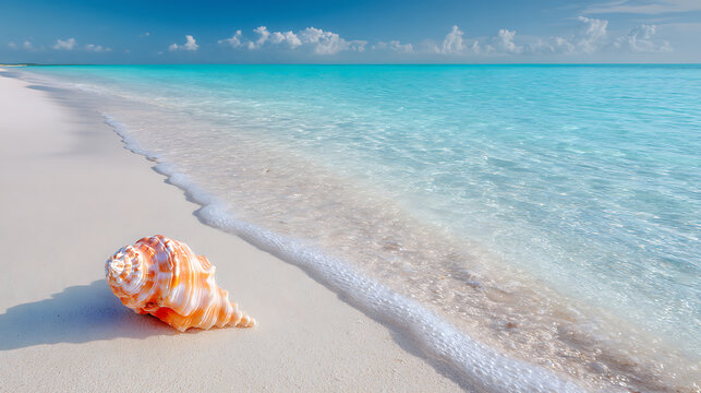 Orange striped seashell on pristine white sand with turquoise ocean waves and blue sky beach