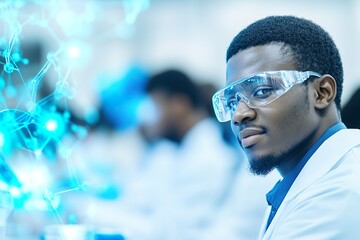 African male scientist wearing safety glasses in laboratory with molecular structure
