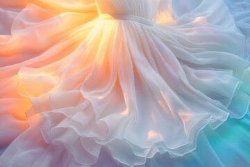 Flowing White Chiffon Dress with Dreamy Pastel Lighting.Elegant Close-Up of Ethereal Fabric Layers for Fashion, Wedding, and Romantic