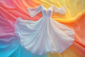 Elegant Flowing White Chiffon Dress on Vibrant Pastel Fabric Background