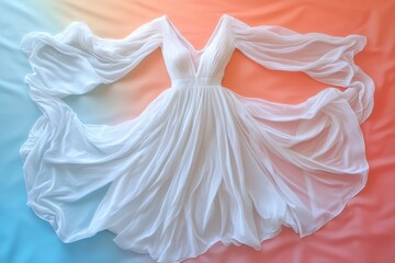 Flowing White Chiffon Dress with Dramatic Sleeves on Pastel Background.Bridal Fashion, Fabric Texture, and Elegant Design Concept Image