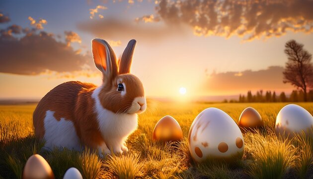 easter bunny and easter eggs at beautiful outdoor field sunset or sunrise golden hour 300dpi happy easter concept