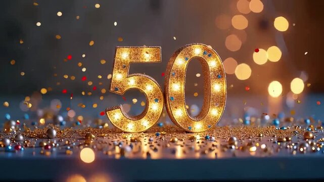 50th Celebration Emblem with Illuminated Gold Numbers and Confetti Glow on Bokeh Background for Birthday or Anniversary Greeting Visuals
