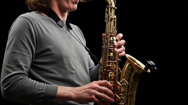 Man playing saxophone passionately in a studio with black background  
