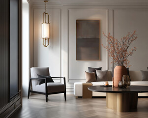 Aesthetic beautiful elegant  modern luxury interior design. Clear mock up empty wall for decoration in the apartment, painting frame. Copy space in the room.