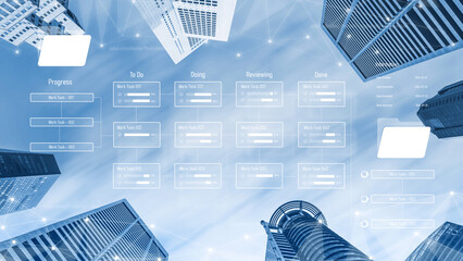 Project management system showing workflow stages, task progress, and review status. Task progress...