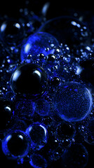 Abstract macro shot of blue bubbles and spheres in a dark setting