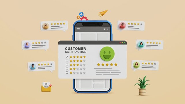 5 stars rating, customer satisfaction, quality service review, online rating, excellent customer feedback, online user experience. 5 stars rating with customer comments on 3D mobile. 4K 3D animation