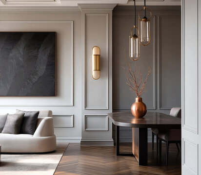 Aesthetic beautiful elegant  modern luxury interior design. Clear mock up empty wall for decoration in the apartment, painting frame. Copy space in the room.