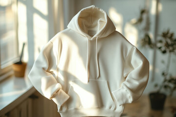Minimalist White Hoodie Hanging Indoors in Natural Light