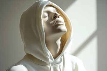Modern White Hoodie on Mannequin with Closed Eyes.Minimalist Fashion Concept in Natural Light for Apparel and Branding Mockups