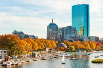 Fototapete Wasserfälle Back Bay neighborhood in the fall colors and Charles river yacht club, Boston, Massachusetts  © Natalia Bratslavsky