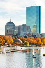 Back Bay neighborhood in the fall colors and Charles river yacht club, Boston, Massachusetts