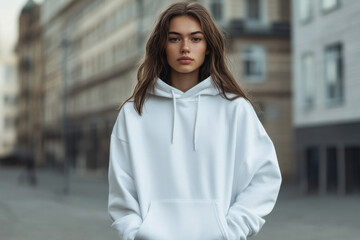 Minimalist Urban Portrait of Young Woman in White Hoodie