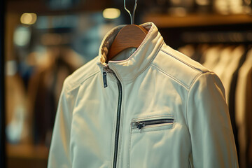 Elegant white leather jacket with zipper details hanging on a designer wooden hanger in a modern boutique.