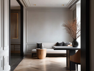 Aesthetic beautiful elegant  modern luxury interior design. Clear mock up empty wall for decoration in the apartment, painting frame. Copy space in the room.